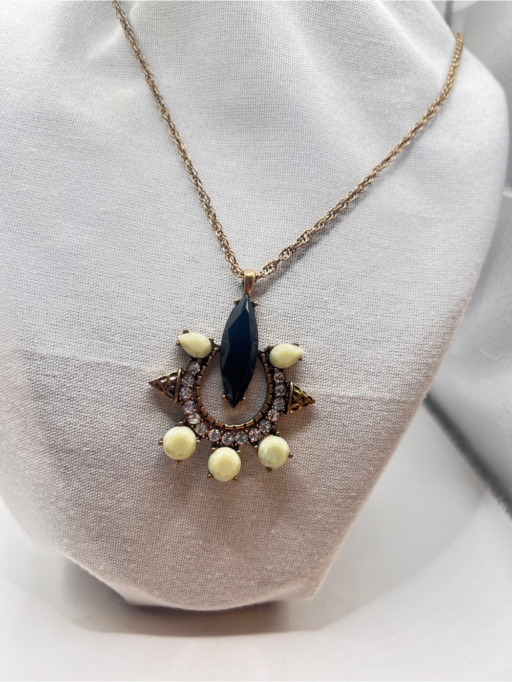 J Crew Vintage gold hammered Green, Navy, Crystal Rhinestone Horseshoe Necklace